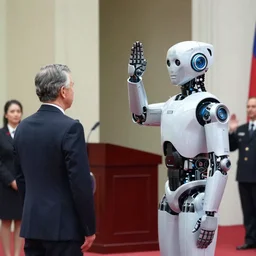 photo of a robot taking the oath of office at the presidential inauguration, taken with a telephoto lens, sigma 5 0 0 mm f / 5 shot from afar