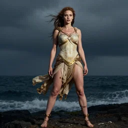 full body photograph of Lena Headey as Helen of Troy, very beautiful, alluring expression, windy, coast in the background, dark sky, dramatic lighting