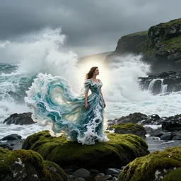 1 9 7 0's artistic italian western film in color, a woman in a giant billowy wide flowing waving dress made out of ocean waves and sea foam, standing inside a green mossy irish rocky scenic landscape, huge crashing waves and sea foam, volumetric lighting, backlit, moody, atmospheric
