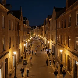 high quality photograph of one city street at night, photo taken at eye height, extremely wide angle, nightlife, people walking, 4 k professional photograph, nice place to live, midrise buildings, walkable, soft warm street lamps, small windows, cozy, trending on artstation, detailed, beautiful, photograph, realistic