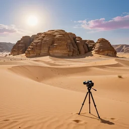 landscape photo of an endless desert, huge sand dunes size of mountains old sand stone ruins, beaming sun, beautiful sky, 5 0 mm, hasselblad, tripod, award winning, colour