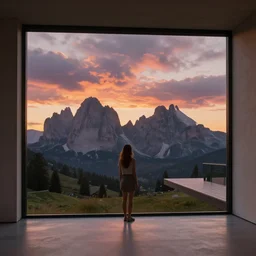 View from inside of a modern minimalist house, a beautiful girl is observing the sunset through the giant window in front of her with a panoramic view of the dolomites, the sky is full of amazing clouds with an incredible charm tone, matte painting, hyper realistic, concept art, 4k, 8k, cinematic composition, cgsociety, HD, highly detailed, octane render, unreal engine 5, trending on artstation, shaders