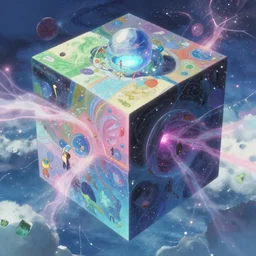 a painting of a beyond - dimensional split - reality tesseract world, reality infused with dreams, in a screenshot from the science fiction anime film by makoto shinkai