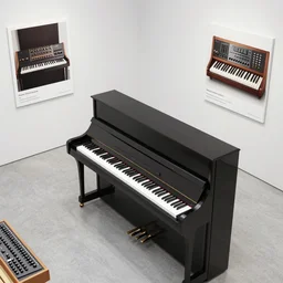 dezeen showroom, archdaily, ignant, minimalissimo, photo of overhead angle of macbook like piano, moog synthesizer, keyboard, mellotron, render, designed by Dieter Rams, jony ive, off white , virgil abloh, google design, classic product design, product design render, vintage synth ads, 8k