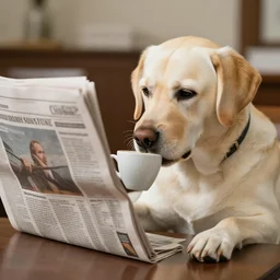 a Labrador drinking a coffee while reading the newspaper