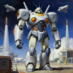 an intricate, highly detailed oil painting of a giant anime robot with rounded and circular parts walking towards a spaceship, in the background is a spaceport with spaceships taking off and landing, by rembrandt