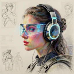 future coder, glowing visor over eyes and sleek neon headphones headshot desaturated profile portrait colored pencil underdrawing painting by donato giancola, dean cornwall, rhads, tom whalen, alex grey, alphonse mucha, astronaut cyberpunk electric fashion photography
