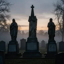 memorial statues in a gothic cemetery at dusk, dramatic, gloomy, volumetric light, ground mist