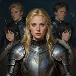 masterpiece head-on symmetrical centered painted portrait, Imogen Poots as a paladin, blonde hair, plate armour, in the style of Greg Rutkowski, Jesper Eising, RHADS, Makoto Shinkai, Lois van baarle, ilya kuvshinov, trending on ArtStation, dark fantasy, great composition, concept art, highly detailed, 8K, official fanart behance hd, rich deep moody colors