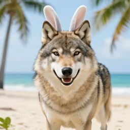 an adorable but fierce chubby wolf with rabbit ears, Smiling at the camera with a mischievous grin, at a tropical beach
