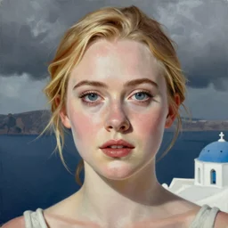 professional painting of Elle Fanning in Santorini in the style of Delphin Enjolras, head and shoulders portrait, symmetrical facial features, smooth, sharp focus, illustration, intricate, stormy weather, extremely detailed masterpiece,