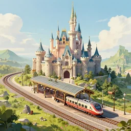 digital art of a fantasy castle with a train station inspired design