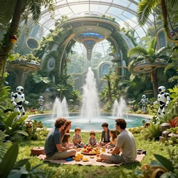 movie still frame, families having a picnic inside a luxurious futuristic city dome in a lush jungle, beautiful composition, sunny, steam, fountains, robots, 8 k, cgi, by ridley scott, james cameron, zack snyder and michael bay