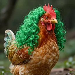 ultra realistic chicken as woman, lovely body, curly hair, green hair, 8K, HD, fantasy,