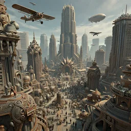 cinematic still of hyper detailed greeble hard surface modelled 3 d apex cityscape, biplanes flying, airships, deep perspective, wide angle, insanely detailed and intricate, ornate patterned people, by sir james guthrie and bill sienkiewicz