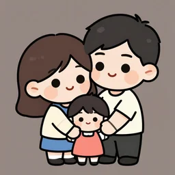 a chibi mum with a chibi dad hugging their chibi daugher