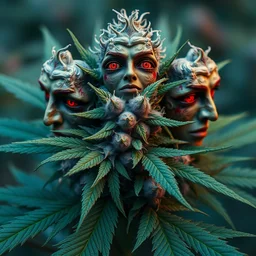 beautiful photorealistic cannabis marijuana flower buds with human faces with red eyes photorealistic 4 k hd