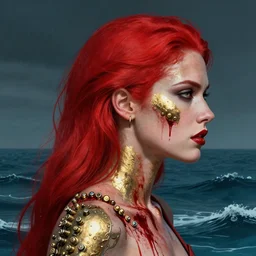 portrait of red woman :: side profile :: in ocean :: guns and bullets ::  metallic details :: gold :: blood and horror ::  by marvel and Sandra Chevrier