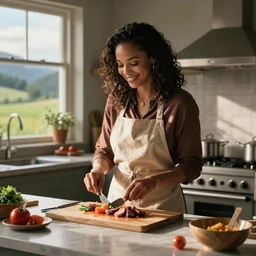 nigella lawson cooking a meal in the kitchen