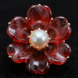 a luxury jewelry, flower forms, organic, red glass, pearl, close up, no people blck bg