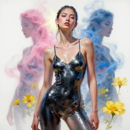 3 d, pink and blue smoke, sun rays, confident fashion model, water, sweat skin, glare, liquid black metal, yellow flowers, poster art, high detail, intricate oil painting, multiple exposure, white mood, hyperrealism, 3 d, by tooth wu and wlop and beeple and greg rutkowski