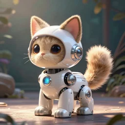 product photo of a futuristic stylized pet robot, kitten puppy teddy mix, super cute robot face, big eyes small mouth, large ears, large tail, by artgerm and greg rutkowski and marc newson, alphonse mucha, zaha hadid, side view, volumetric light, detailed, octane render, midsommar - t