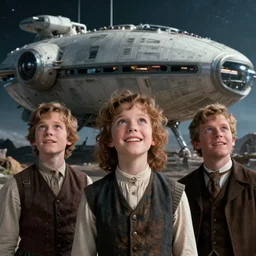 extremely sharply detailed, from blockbuster 1 6 k sci fi color movie freeze frame, set in 1 8 6 0, family standing in front of a crashed spaceship, on alien planet, looking happy, wearing 1 8 5 0 s era clothes, atmospheric lighting, in focus, reflective eyes, 1 mm macro lens, live action, nice composition, good photography, clear facial details
