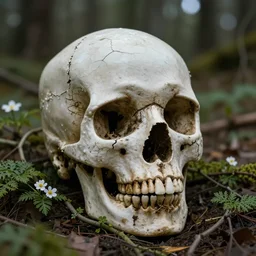 a beautiful cracked skull sitting in the middle of the woods with vines and flowers growing from it’s cracks, photorealistic, 8k
