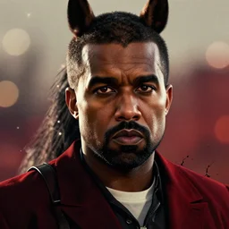 kanye west as a horse in red dead redemption, splash art, movie still, detailed face, photorealistic facial features, cinematic lighting, dramatic, octane render, long lens, shallow depth of field, bokeh, anamorphic lens flare, 8 k, hyper detailed, 3 5 mm film grain