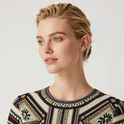 photograph of a blonde female model in her twenties, hair pinned up, wearing a designer top, looking content, portrait, photo realistic, extreme detail skin, natural beauty, no filter, slr, golden hour, 8 k, high definition, selfie