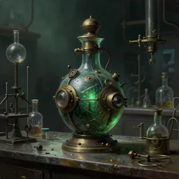a painting of a complex steampunk dark greenish potion bottle on a counter in a dark dusty vintage science lab, by h. r. giger, hyperrealistic fantasy art, concept matte, ethereal, dreamy, digital art, trending on artstation, volumetric cinematic lighting