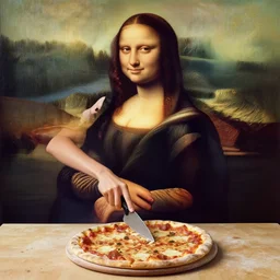 a skinny young woman wearing workout clothes is slicing a pizza!, looks like mona lisa, sharp focus, hyper realistic, centered, extremely detailed, wide shot!, a painting by leonardo da vinci