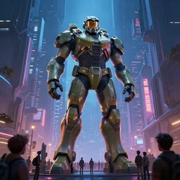 gigantic!! 7 0 mm photo utopian halo master chief towering statue surrounded by a crowd of people in a cyberpunk city street at night, ralph horsley, rossdraws, matte painting, stylized background, cinematic lighting, maya, pixar, unreal engine, artstation