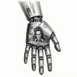 robot hand, tattoo sketch, by tony diterlizzi, tim burton, hr giger, ilford hp 5, 5 5 mm, machinecore by artgerm, 3 d render, gothcore, beeple, joseph leyendecker, carlo carra