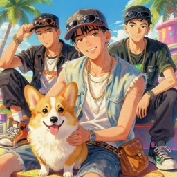 beautiful anime painting of hiphop solarpunk summertime chill with corgi, by eddie mendoza, ching yeh, etienne hebinger, jef wu. trending on artstation, 8 k, masterpiece, fine detail, intricate detail, golden ratio illustration, face enhance