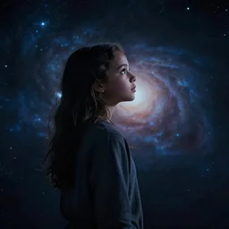A young teen named Jaynie, looking out into the cosmos, imagining all the possibilities of her future. ultra photoreal , photographic, concept art, cinematic lighting, cinematic composition, golden ratio , mysterious, eerie, cinematic lighting, ultra-detailed, ultrarealistic, photorealism