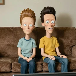 High resolution hyperrealistic photo of Beavis and Butthead sitting on a brown sofa watching tv