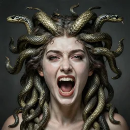 medusa portrait, screaming straight at viewer, snake hair, beautiful female gorgon, symmetrical face, beautiful eyes, fine art, masterpiece, museum quality work, art style of John Collier, cinematic, widescreen, 4K