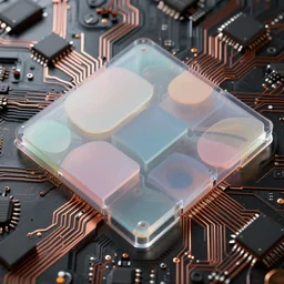 densely detailed black and copper computer circuits, transistors, led, wire, macro photography, translucent pastel panels, smooth stylised shapes, embedded in clear epoxy, macro, overlaping layers, hyperrealistic vfx render