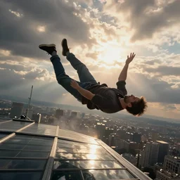 a selfie taken mid air, while falling to the ground from a skyscraper