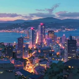 a japanese city near the sea, lofi, dreamy, moody, very colorful, anime inspiration, makoto shinkai, ghibli vibe