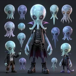 CGI lisa frank gothic emo punk vampiric rockstar vampire squid with translucent skin conceptual character designs of various shapes and sizes by genndy tartakovsky and splatoon by nintendo for the new hotel transylvania film starring a vampire squid kraken monster rockstar