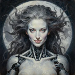 symmetrical portrait of biomechanical moon goddess, flowing hair, intense stare, sweet smile, realistic oil painting by h. r giger,