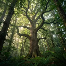 fabulous, mighty, onimous tree in a thickly vegetated fantasy forest, dreamlike sunraise, ultra realistic, ultra detailed