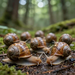 a group of snails protesting in the forest. photograph, hyper-realistic