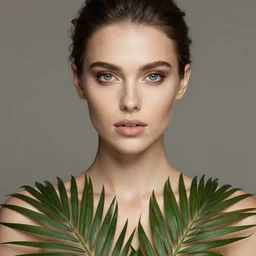 gorgeous female photo, professionally retouched, soft lighting, chest covered with palm leaves, realistic, smooth face, perfect eyes, wide angle, sharp focus on eyes, 8 k high definition, insanely detailed, intricate, elegant, oil painting art by robin eley