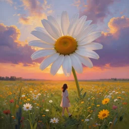 giant daisy flower as a head, girl walking in flower field, surreal photography, sunrise, dramatic light, impressionist painting, colorful clouds, digital painting, artstation, simon stalenhag
