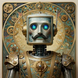 retro boxy robot, lcd mouth, mustache, glowing blue green eyes, detailed realistic surreal groovypunk robot in full regal attire. face portrait. art nouveau, symbolist, visionary, baroque, giant fractal details. horizontal symmetry by zdzisław beksinski, gears, alphonse mucha. highly detailed, hyper - real, beautiful