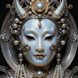 hyperrealism, detailed textures, award winning autochrome photo, ultra realistic, cinematic, intricate, symetrical japanese pearl, beautiful dreaming animal pearl queen, autochrome pearl portrait, pearl silverplate, intricate, detailed facial pearl scary animal mask, pearl, golden jewelery, silverplate, ultra realistic, cinematic, intricate, cinematic light by steve mccurry, unreal engine 8 k