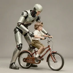 a beautiful ultradetailed fine art vintage photo of a cyborg father teaching his kid to ride a bicycle, by alphonse mucha, tom bagshaw and zach sutton, vignette, 2 4 mm lens, wide angle, golden ratio composition, sunset golden hour hues, silhouette, very detailed, humanoids, industrial robots, artstation, 8 k, highly coherent